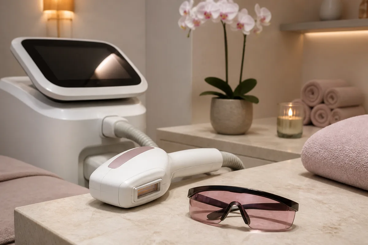 Appareil de lumière pulsée et lunettes de protection dans une cabine