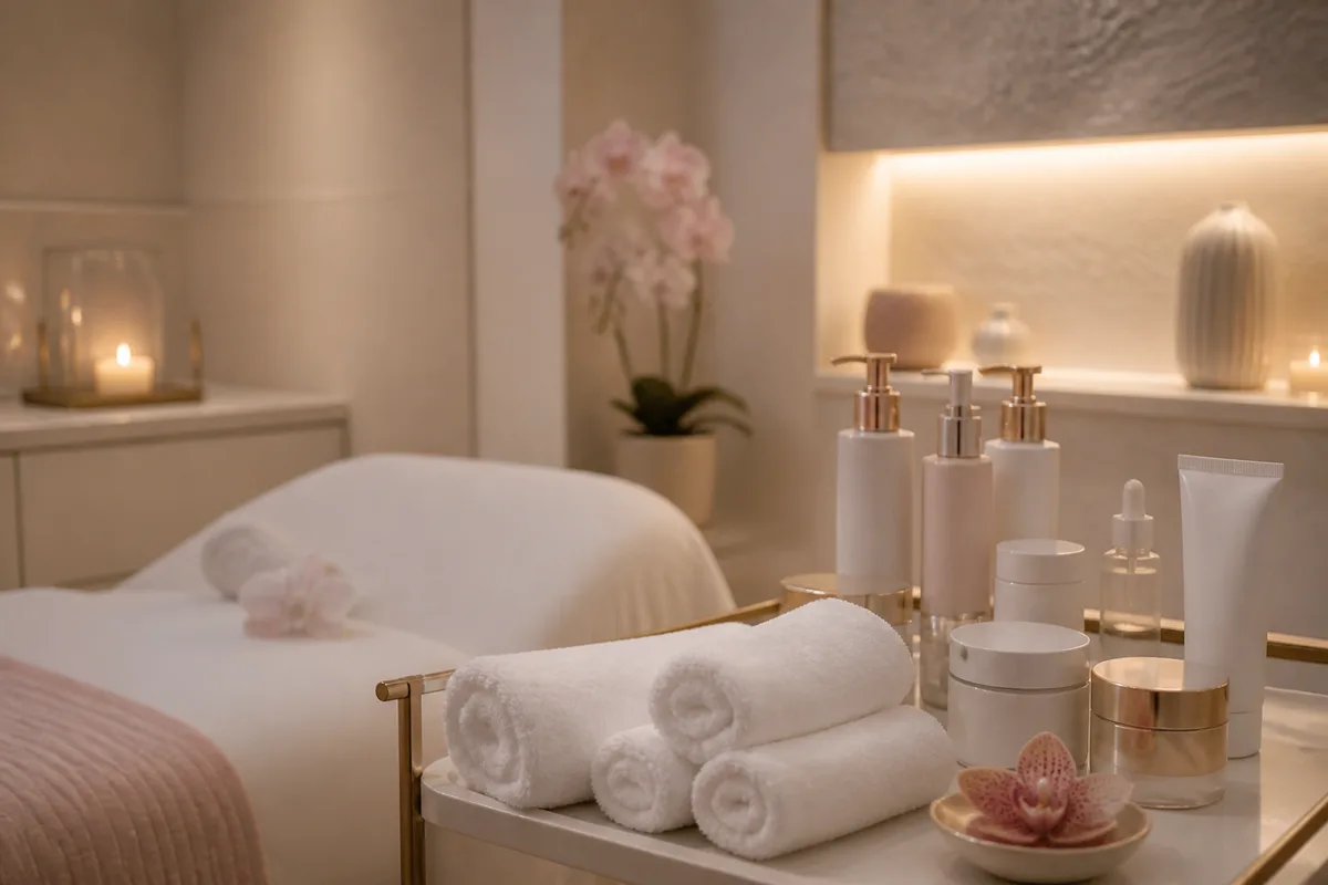 Cabine de soin du visage avec produits alignés sur une desserte