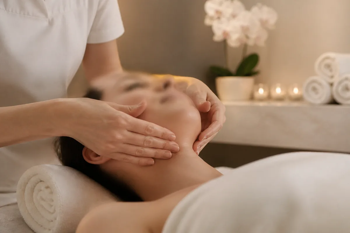Mains d’une professionnelle réalisant un modelage du visage