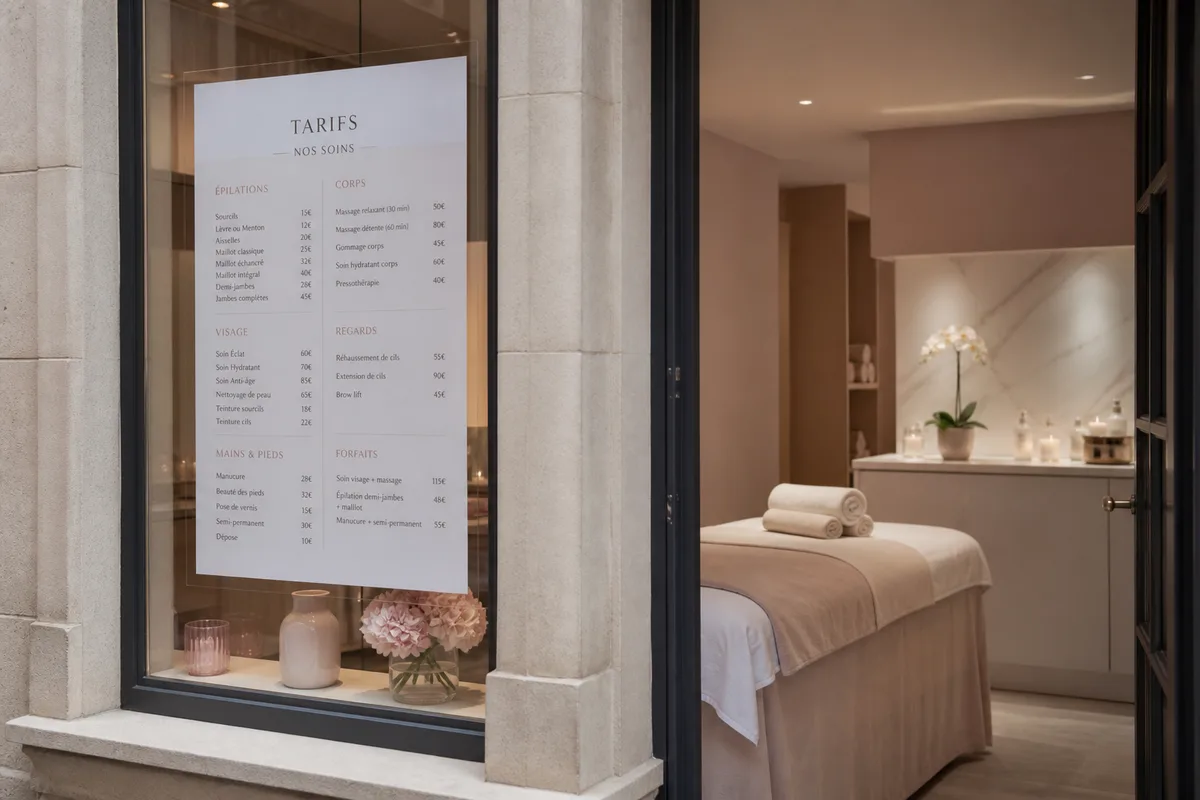 Vitrine d’un institut de beauté affichant une grille de tarifs lisible